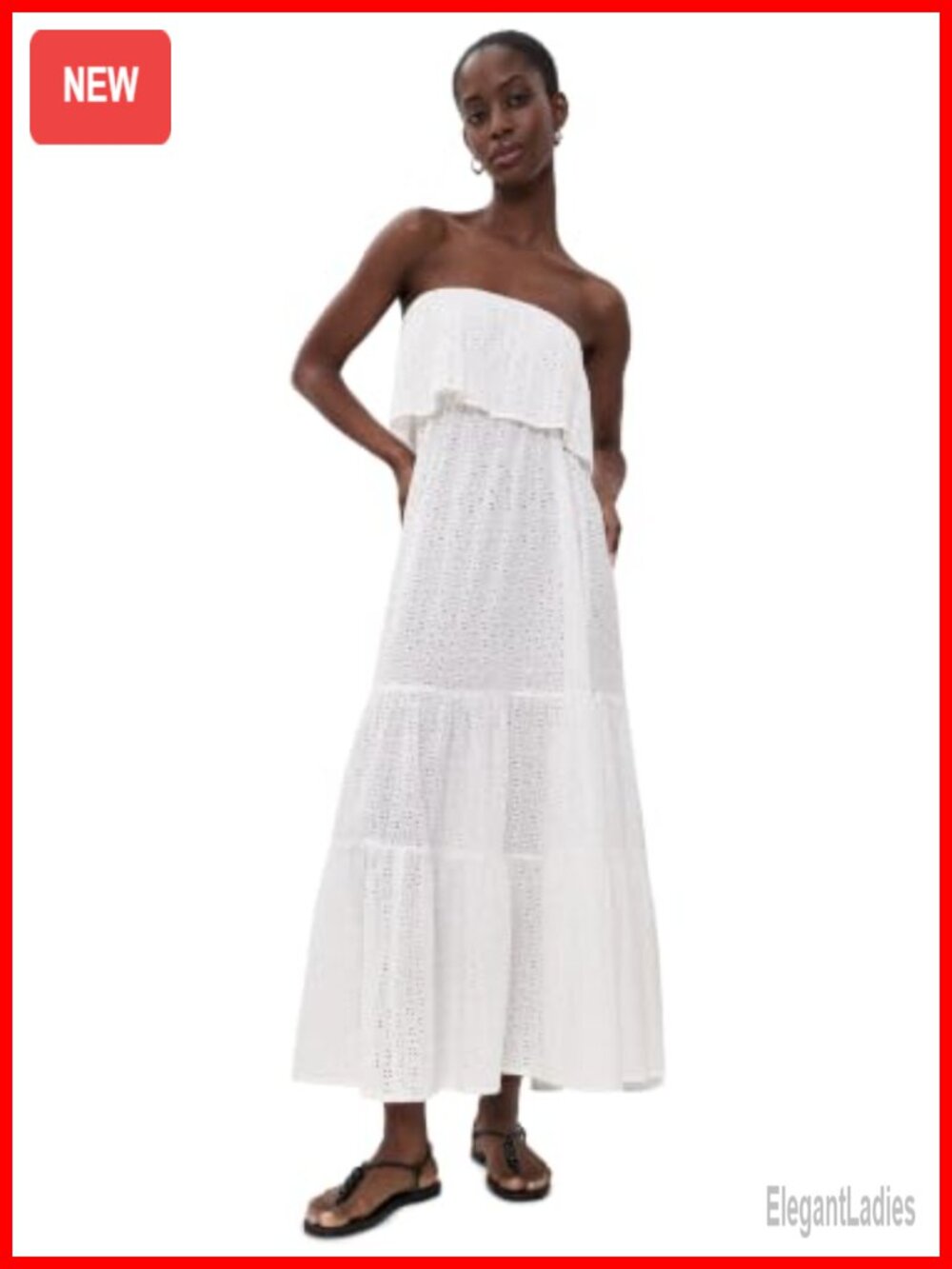Women's Eyelet Maxi Dress Strapless Sleeveless Tiered Ruffle Beach